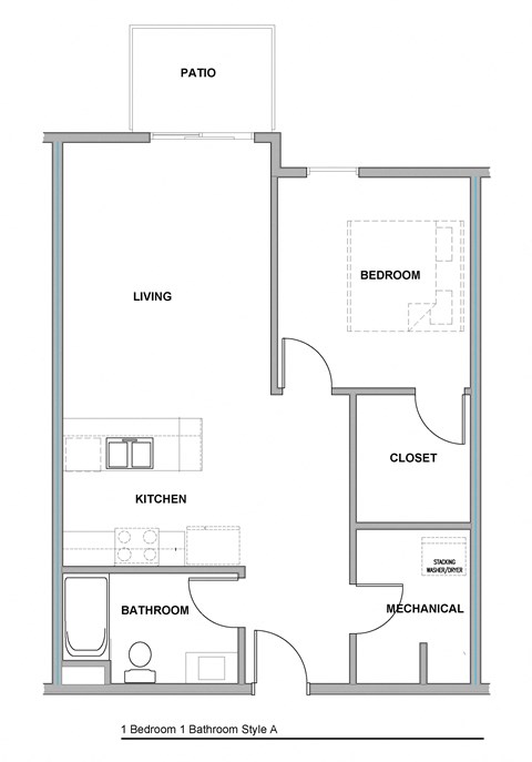 Floor plan for 1 bed, 1 bath, 711 sqft